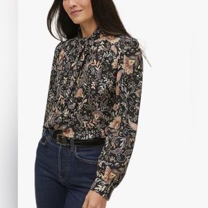 Michael Stars Alexei Paisley Tie Neck Top Long Sleeve Black Blouse Womens XL NEW